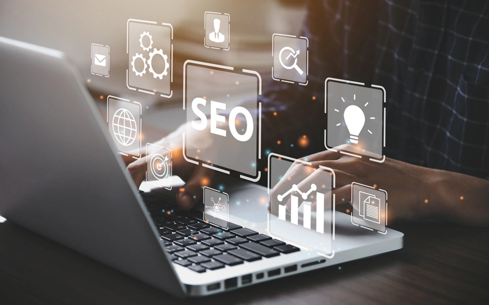 Businessman using a computer for analysis SEO Search Engine Optimization